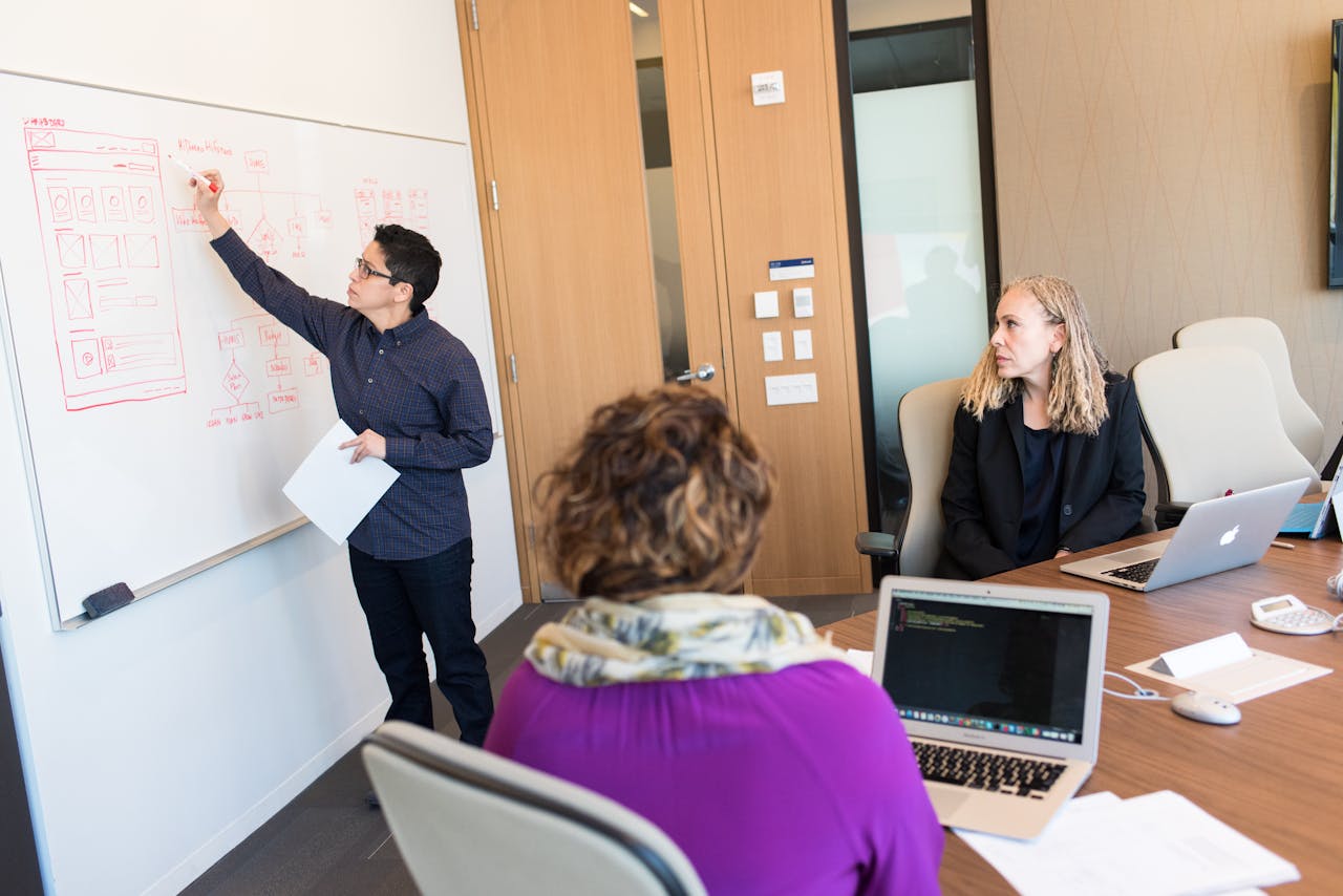 Group of professionals engaging in a collaborative meeting with technology.